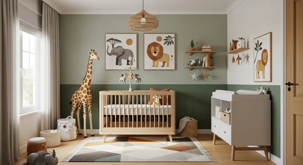 boys nursery safari theme with animals and natural colors