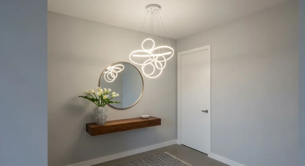 small entryway with modern statement lighting fixture