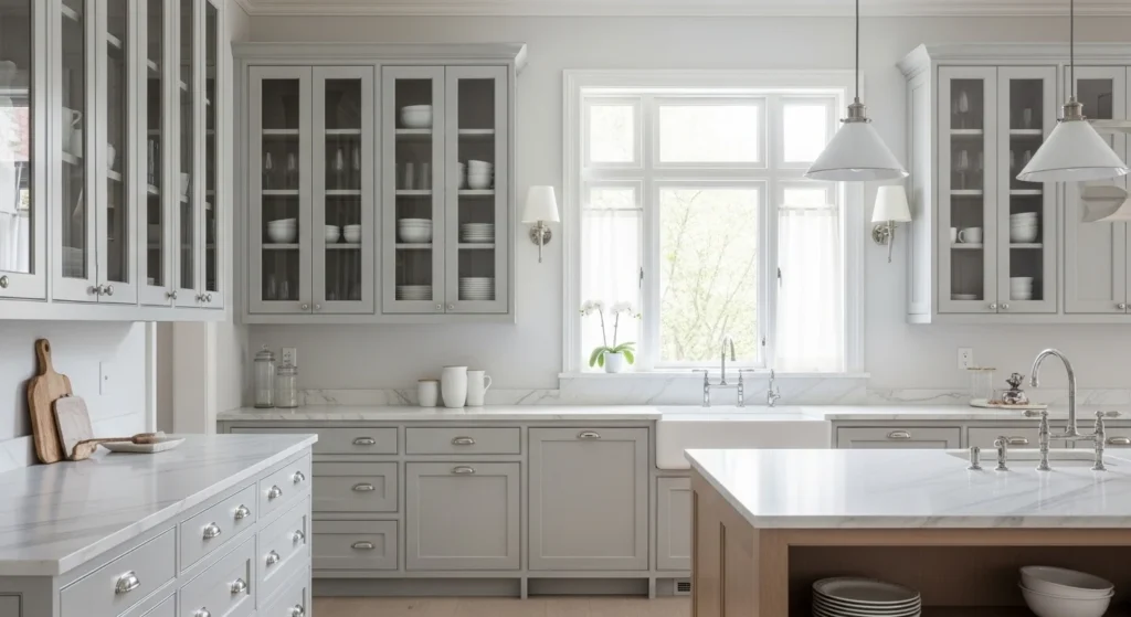 kitchen with glass cabinet doors creating open airy look