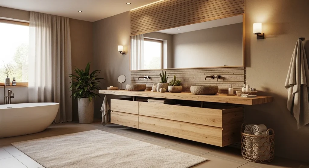 bathroom with wood accents creating warm and natural interior design