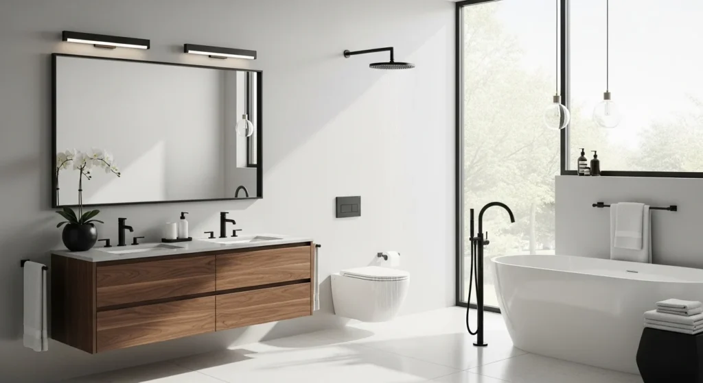 bathroom with matte black fixtures modern contrast design
