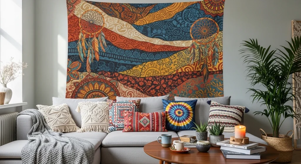 living room wall with large tapestry cozy boho aesthetic