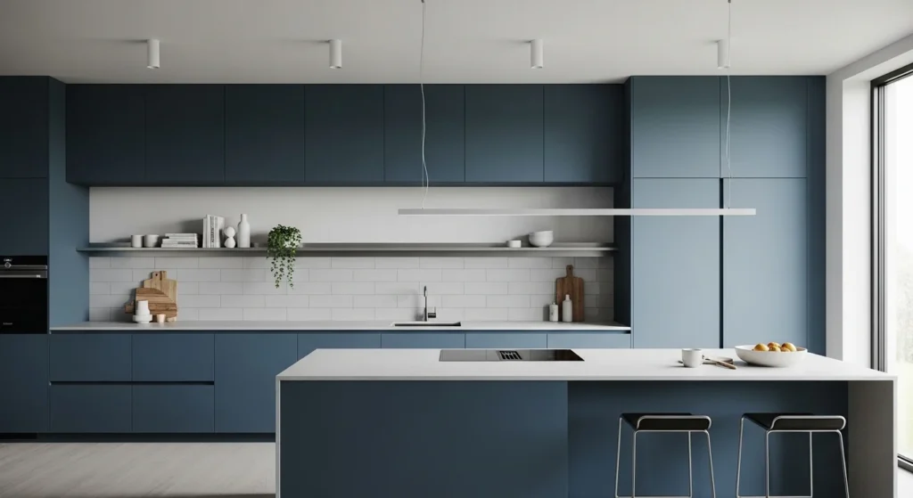 matte blue kitchen cabinets with modern minimal style