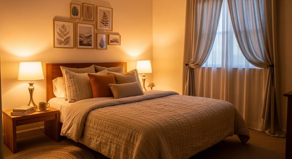 small bedroom with soft layered lighting creating warm spacious feel