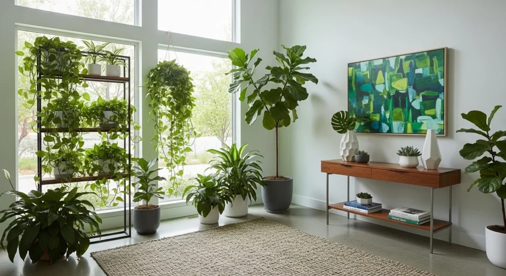 foyer with indoor plants adding fresh and natural look