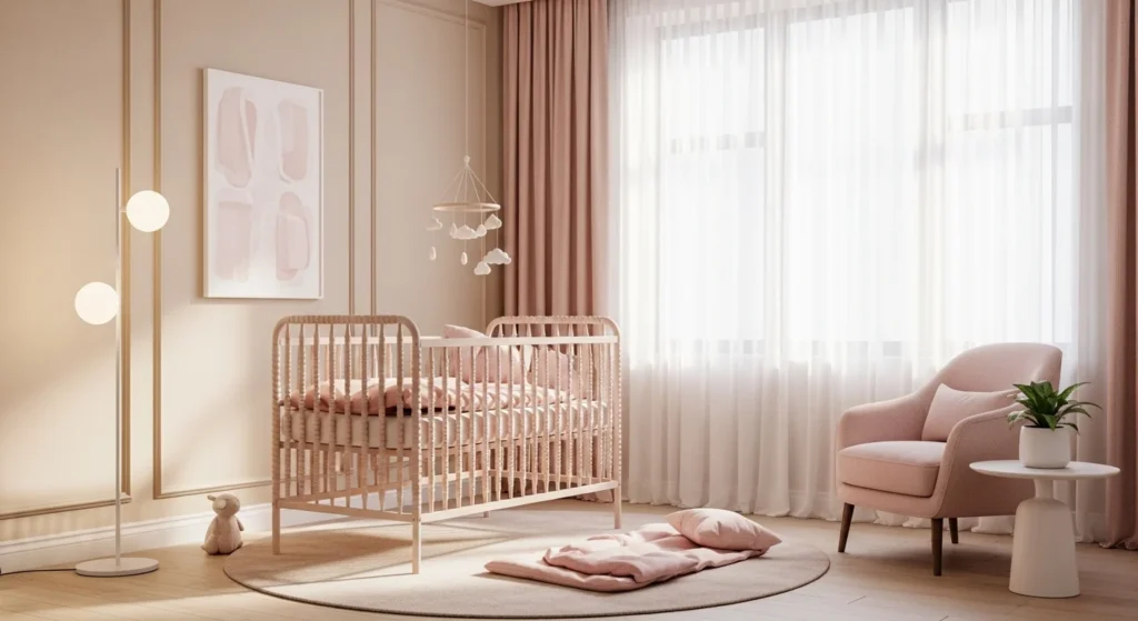 girls nursery ideas 2026 with soft pink neutral tones and cozy modern aesthetic