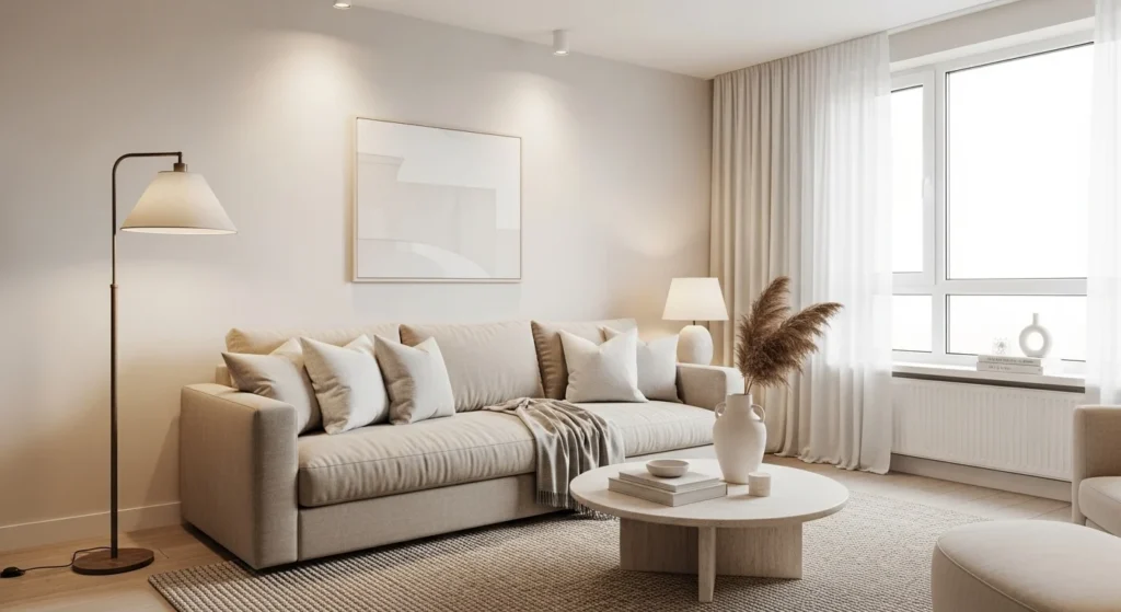 living room decoration ideas for 2026 with modern neutral aesthetic and cozy layout