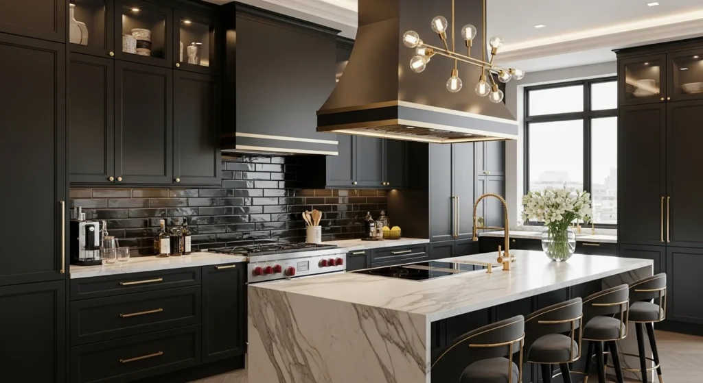 black kitchen ideas 2026 with bold modern design and luxury aesthetic