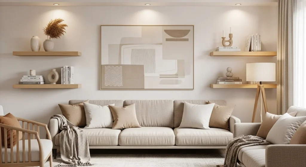 living room wall decor ideas for 2026 with modern neutral aesthetic and stylish wall designs
