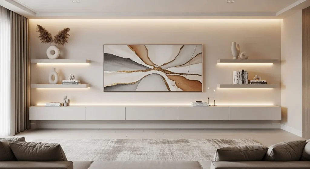 living room wall decoration ideas 2026 with modern luxury aesthetic and neutral decor