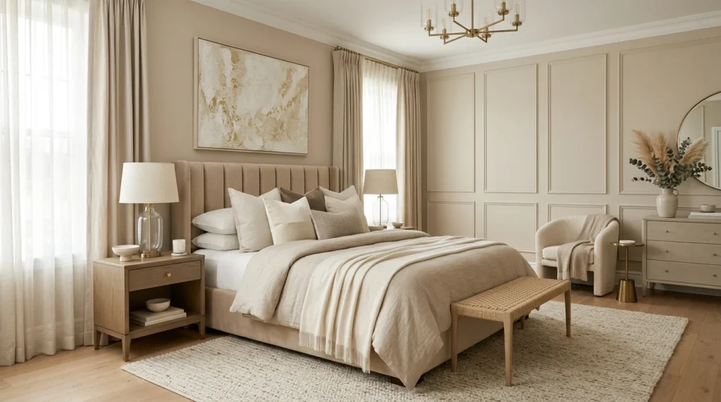 neutral luxe bedroom with beige cream tones elegant modern decor
