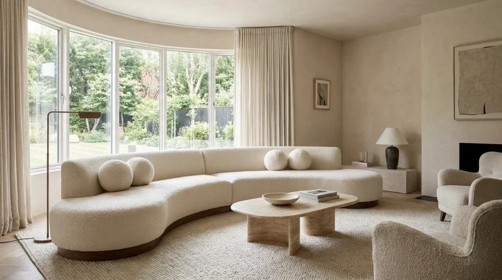 curved luxury sofa in modern living room with neutral decor