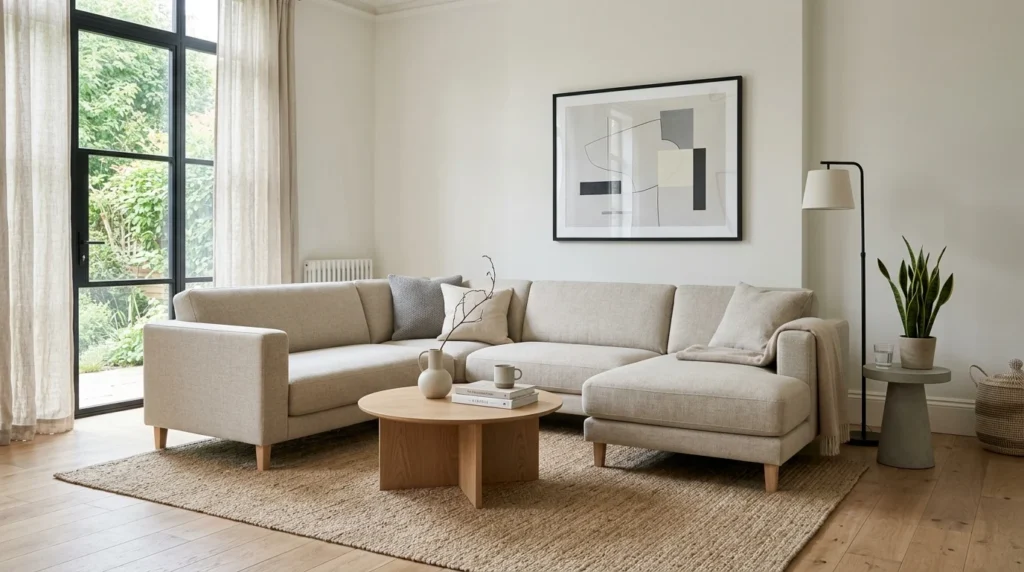 minimalist sofa set with neutral tones modern living room aesthetic