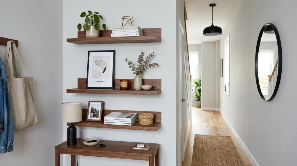 floating shelf hallway decor with plants modern aesthetic