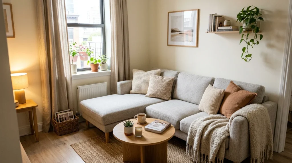 tiny living room with compact sectional sofa and cozy modern layout
