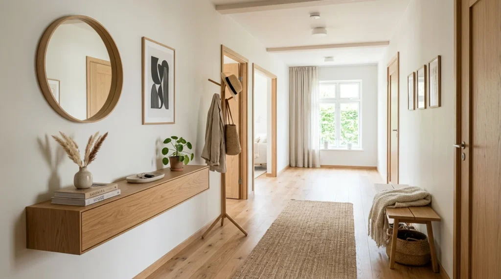 scandinavian hallway style light wood neutral decor aesthetic