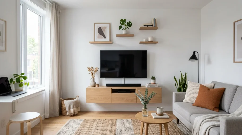 tiny living room with floating tv unit and clean modern setup