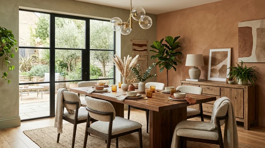 earthy tone dining room warm cozy modern aesthetic