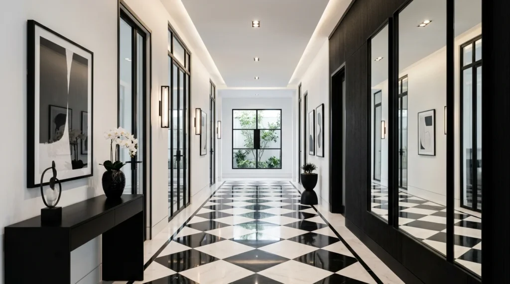 black and white hallway theme modern elegant interior