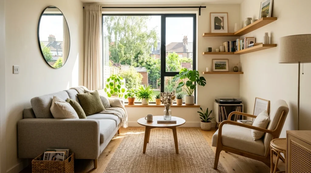 tiny living room filled with natural sunlight and airy decor aesthetic