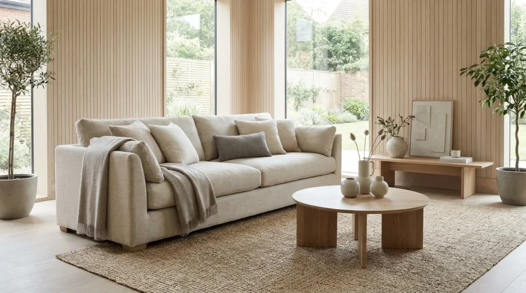 japandi luxury sofa neutral calming modern living room