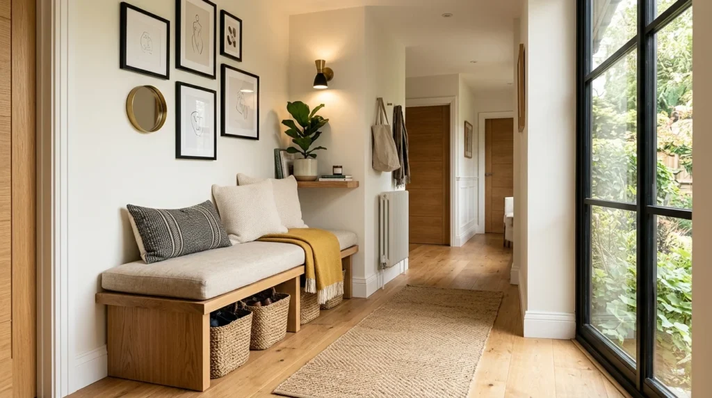 hallway bench seating cozy modern entryway design