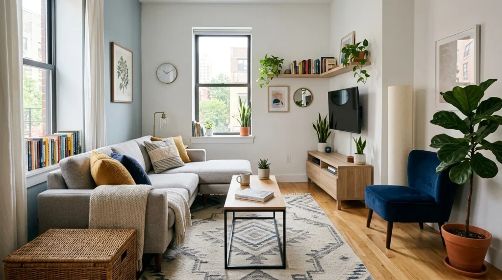tiny living room with slim coffee table and open modern layout