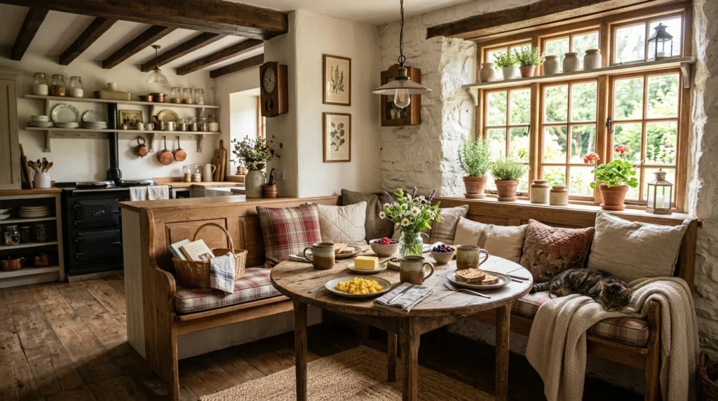 cozy rustic breakfast nook kitchen warm seating area