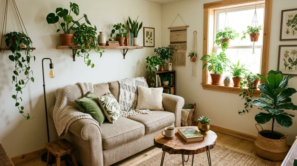 tiny living room with indoor plants and cozy natural aesthetic