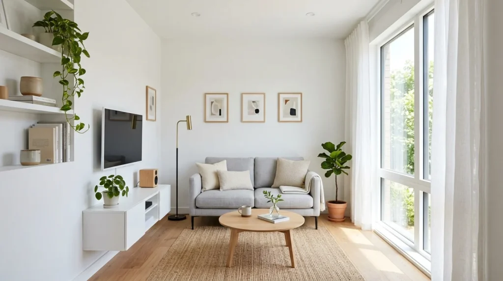 tiny living room with indoor plants and cozy natural aesthetic