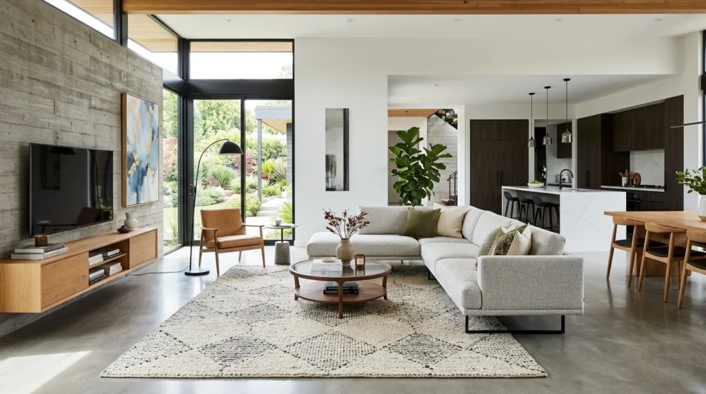 floating sofa layout luxury open concept living room