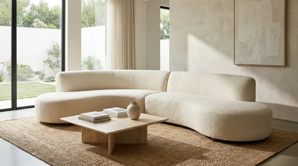 boucle luxury sofa cream textured modern aesthetic interior