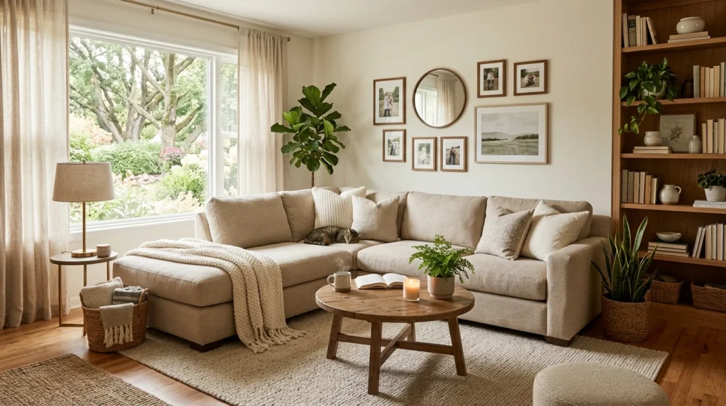 neutral tone sofa set beige cozy aesthetic living room