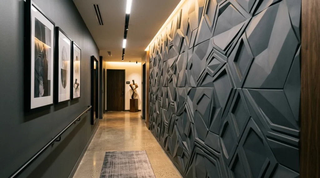 textured hallway wall with 3d panels modern aesthetic