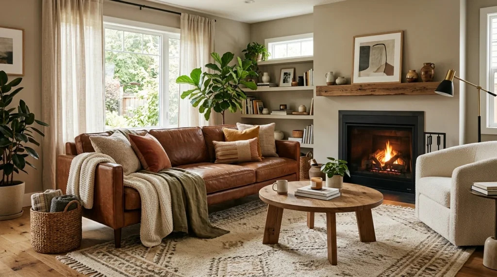 brown leather sofa set modern warm living room