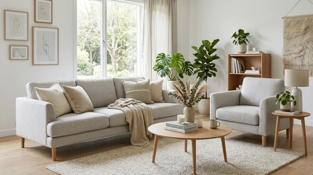 scandinavian sofa set light neutral modern interior