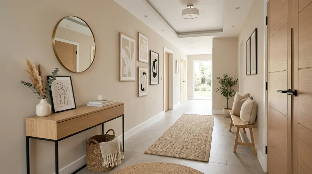 neutral tone hallway decor beige modern cozy aesthetic
