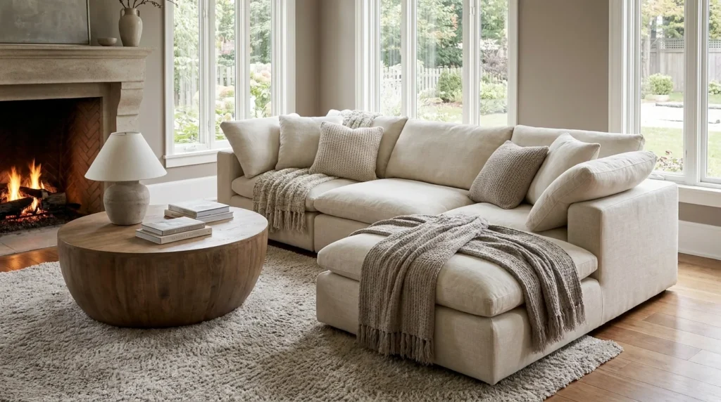 oversized luxury sofa cozy spacious living room aesthetic