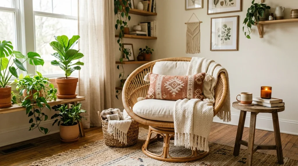 rattan living room chair boho modern cozy interior