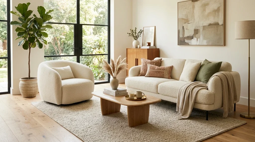 boucle sofa set cream textured modern living room