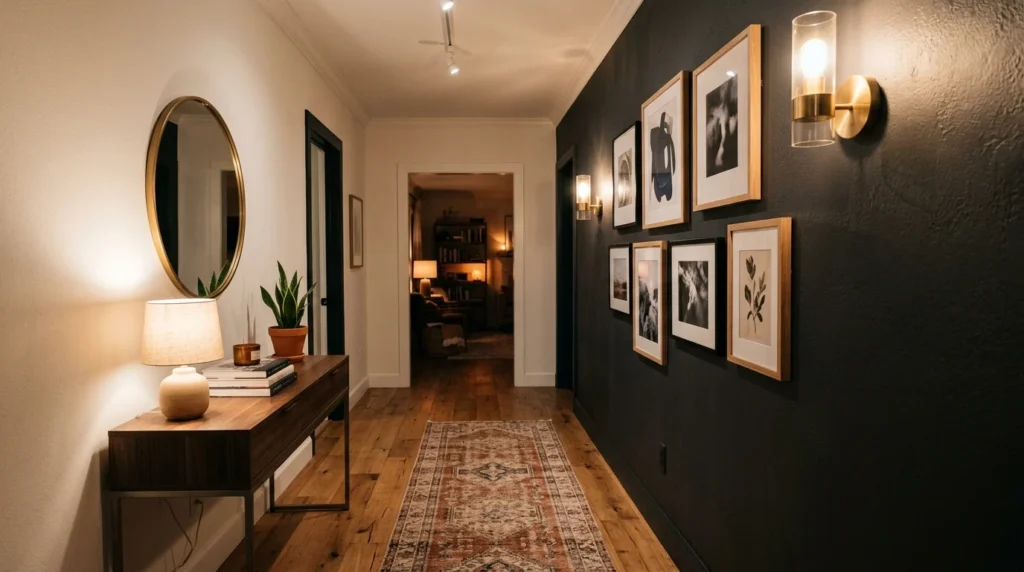 dark hallway accent wall modern cozy dramatic aesthetic