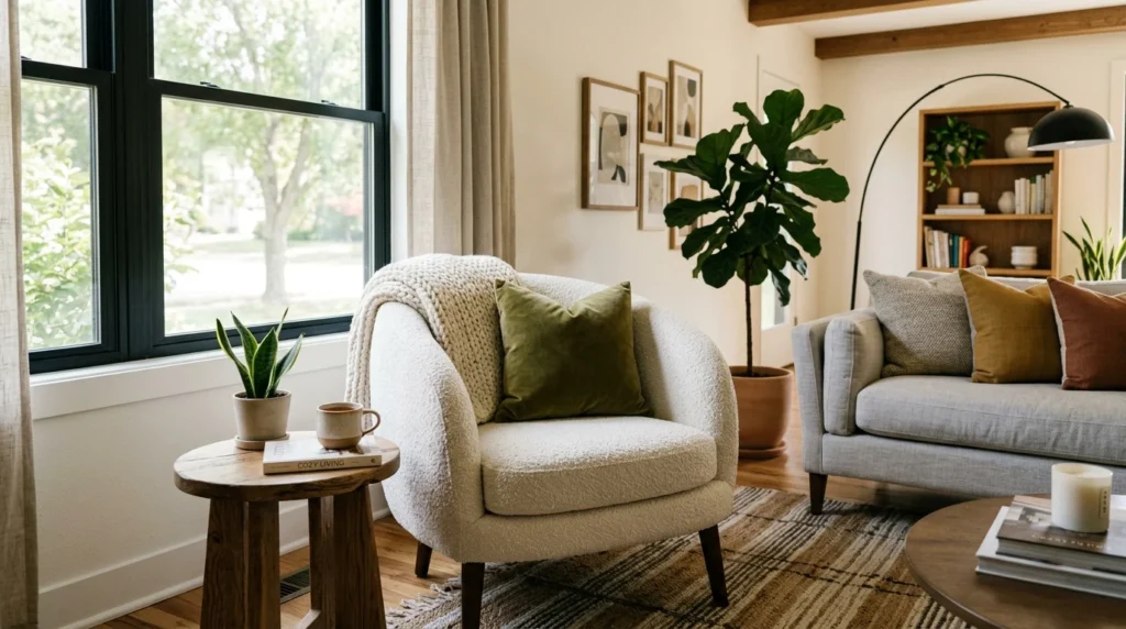 barrel chair cozy modern neutral living room decor