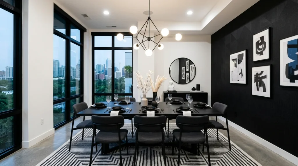 black and white dining room modern contrast luxury aesthetic