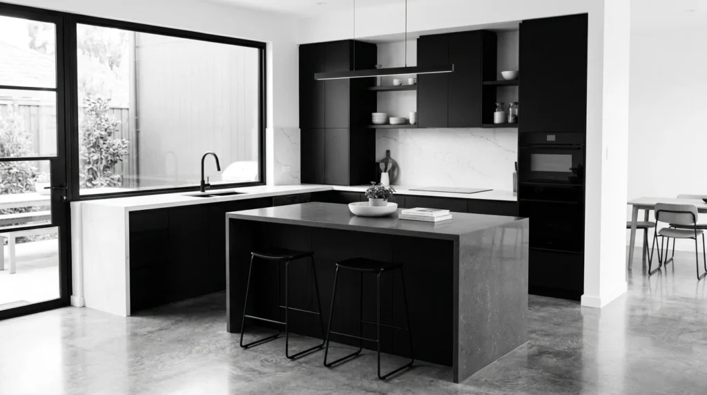 black and white kitchen with modern contrast and clean stylish layout