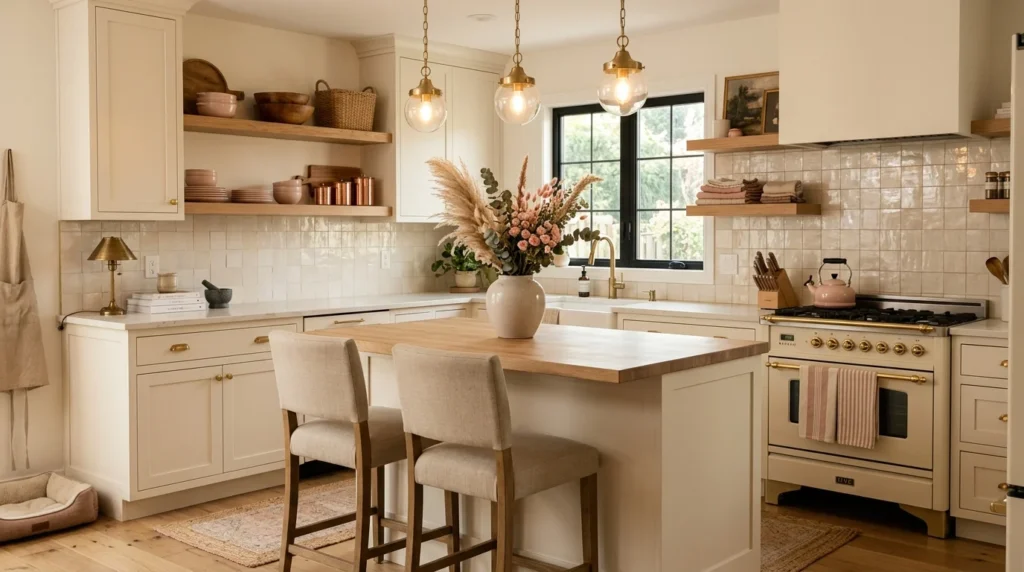 blush kitchen accents with warm neutral decor and stylish aesthetic