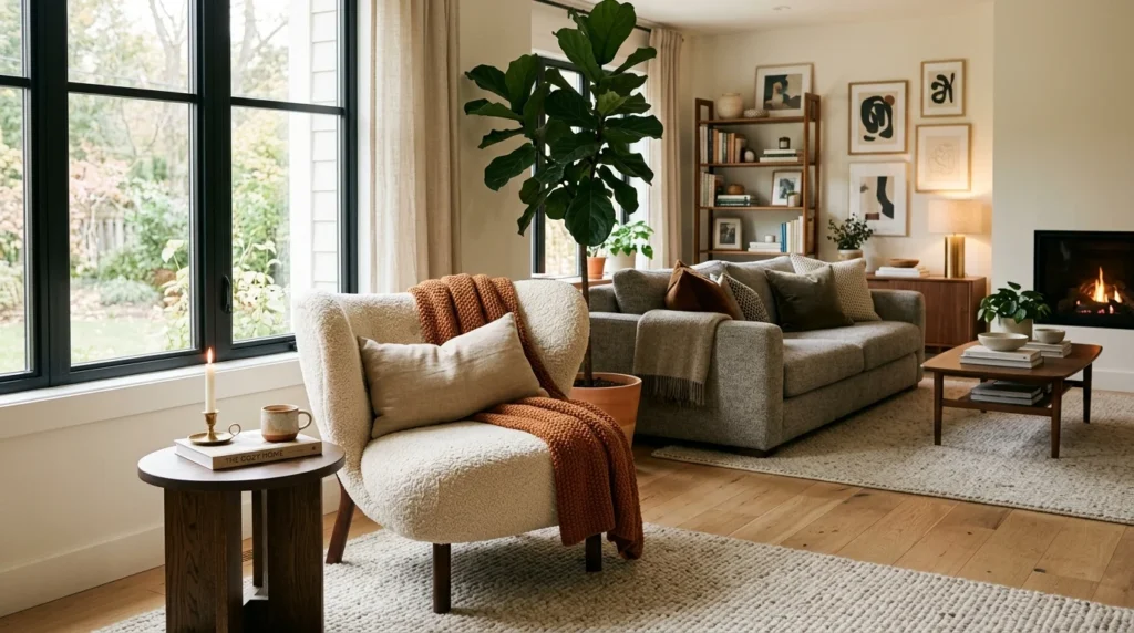 boucle lounge chair cozy modern neutral living room