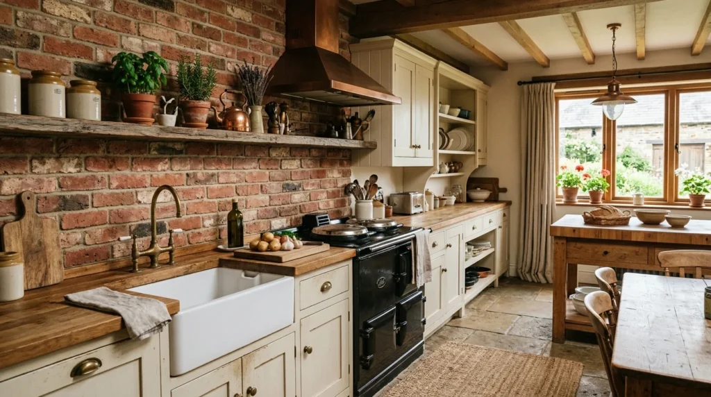 brick backsplash rustic kitchen farmhouse warm texture