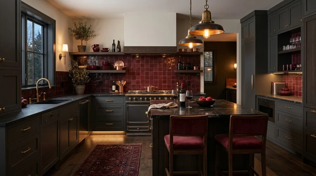 burgundy kitchen accents with luxury modern aesthetic and warm tones