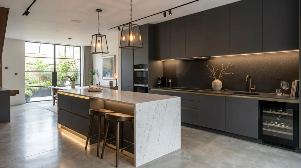 charcoal grey kitchen with sleek cabinets and contemporary design