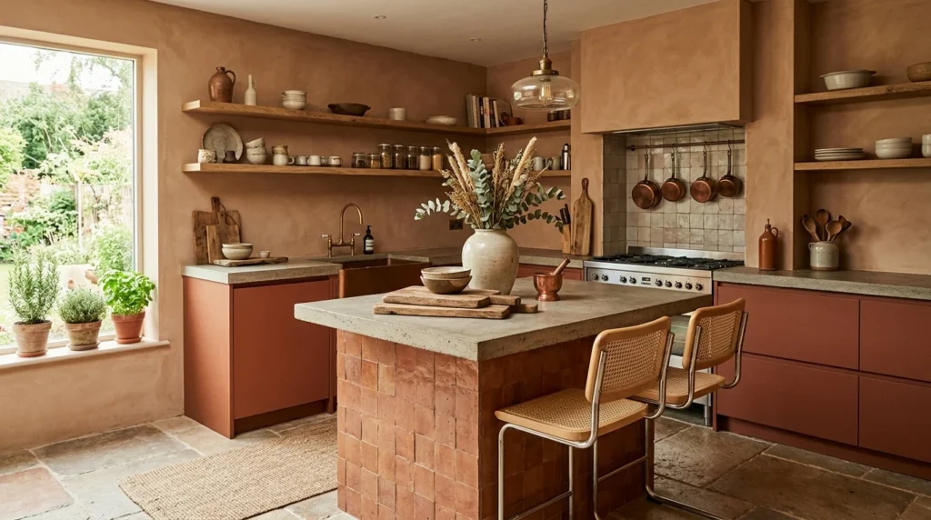 warm clay toned kitchen with earthy modern interior design